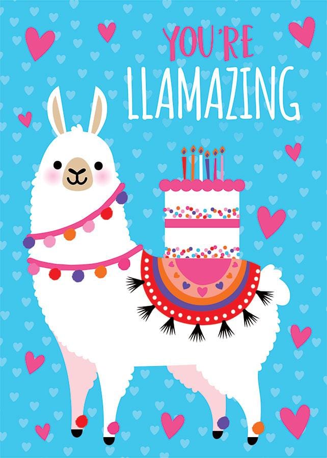 CF-7043E - Llama Foil Card - Colorful birthday card featuring a white llama wearing decorative garland holding a tiered cake with lit candles, surrounded by hearts on a blue background