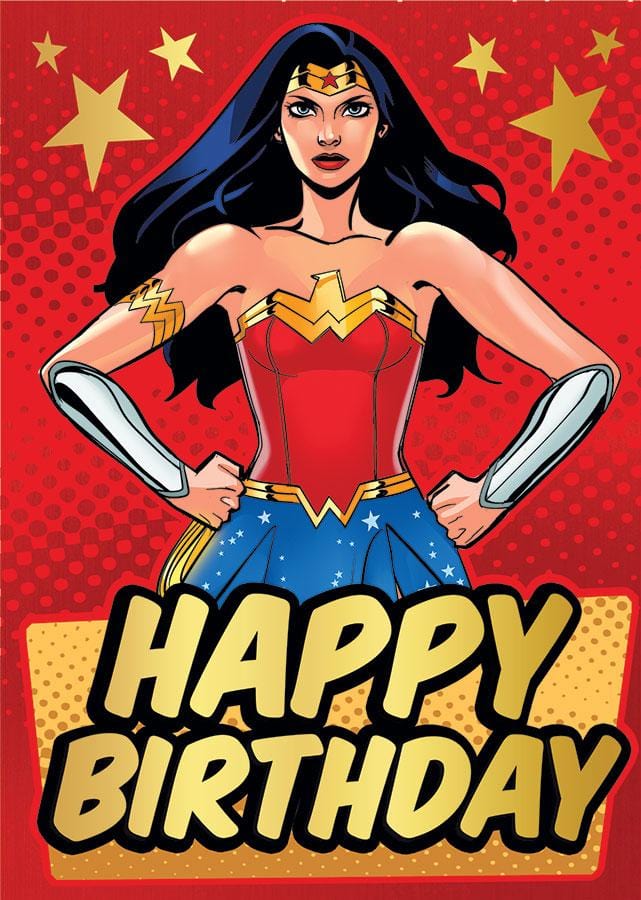 birthday note card featuring a colorful Wonder Woman on a red background with gold highlights.
