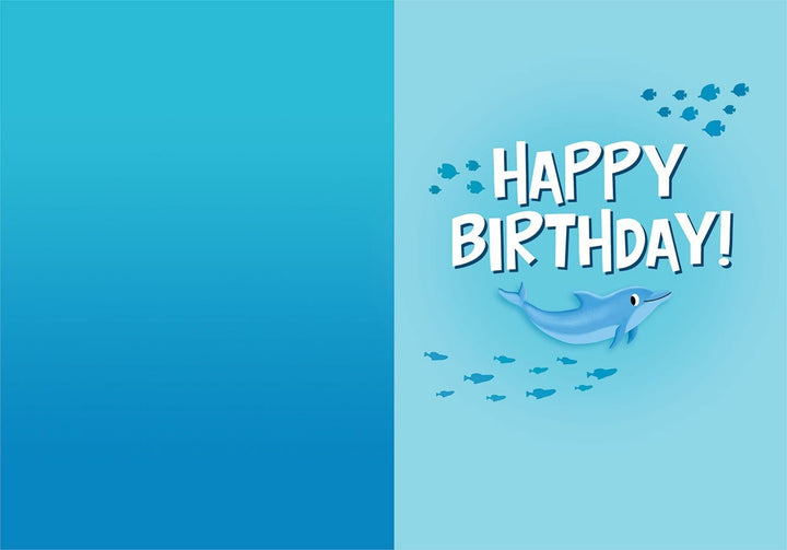 inside spread of note card featuring Happy Birthday on a blue background with an illustrated dolphin.