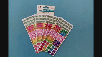 female hands display 4 sheets of planner stickers featuring budget functional stickers on blue background with package.