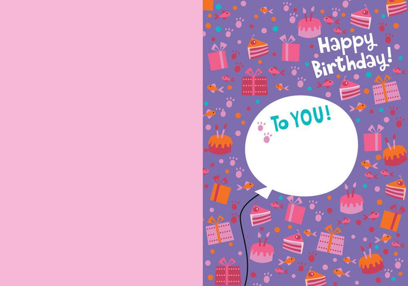 note card inside spread featuring Happy Birthday on a purple patterned background with illustrated pink and orange birthday cakes and presents.
