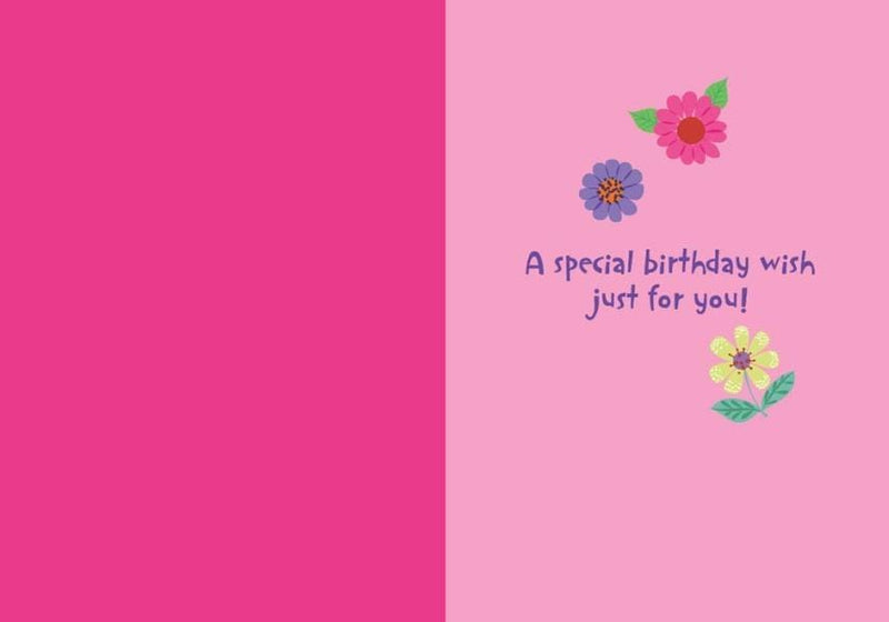 inside spread of note card featuring birthday sentiment with colorful flowers on a pink background.