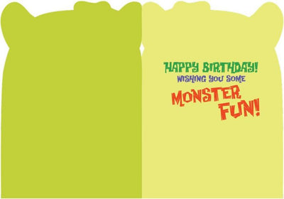inside spread of note card featuring monster fun birthday sentiment on green background.