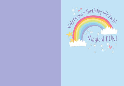 inside spread of note card featuring a rainbow on a light blue and purple background.