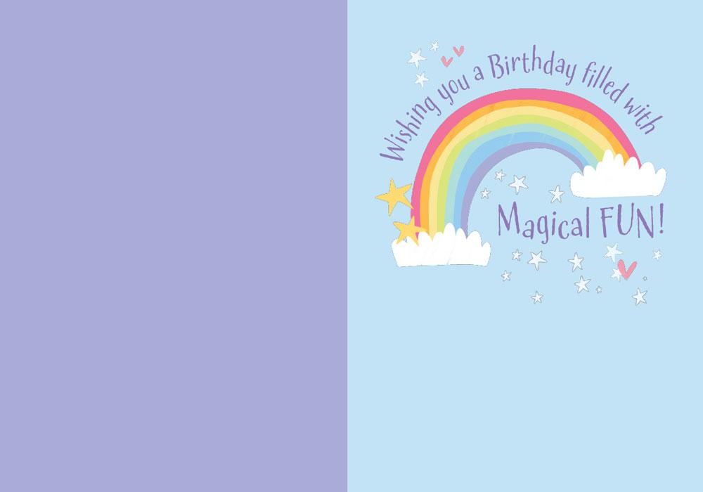 inside spread of note card featuring a rainbow on a light blue and purple background.