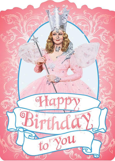 note card featuring Glinda, The Good Witch shown with a birthday banner on a pink illustrated background.