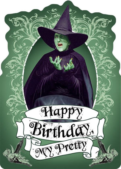birthday note card featuring the Wicked Witch of the West  on a green patterned background with a birthday banner, shown on white background.