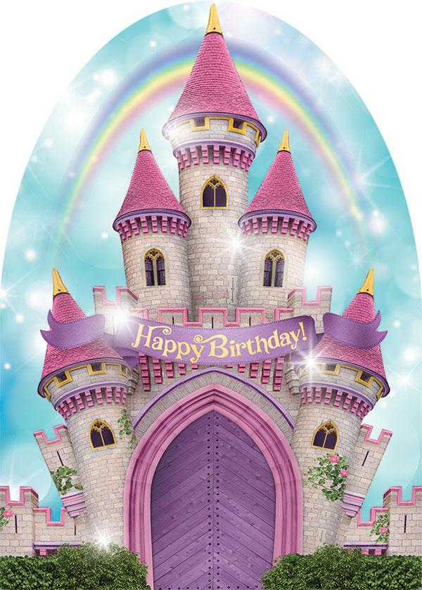 note card featuring an illustrated birthday castle in purples and pinks.