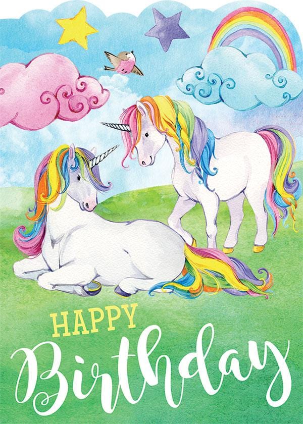 CGL-7004E - Rainbow Unicorns Glitter Card - Whimsical birthday greeting card featuring two white unicorns with rainbow manes among colorful clouds, stars, and a rainbow against a blue sky and green grass