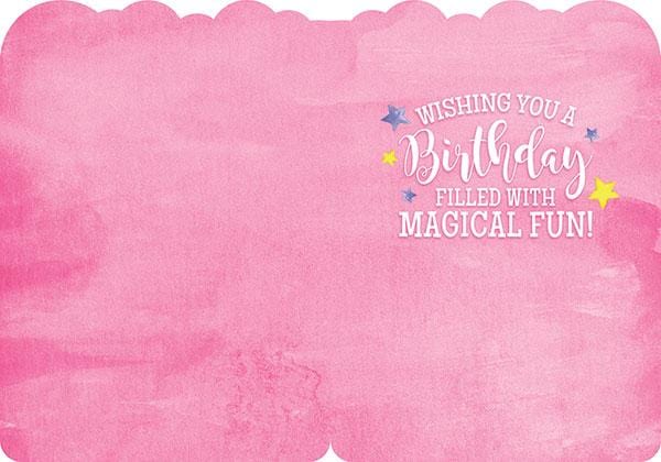 CGL-7004E - Rainbow Unicorns Glitter Card - Pink scalloped greeting card with "Wishing You a Birthday Filled with Magical Fun" text and colorful stars
