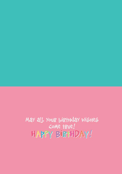 birthday card inside spread featuring birthday sentiment on a pink and teal background.