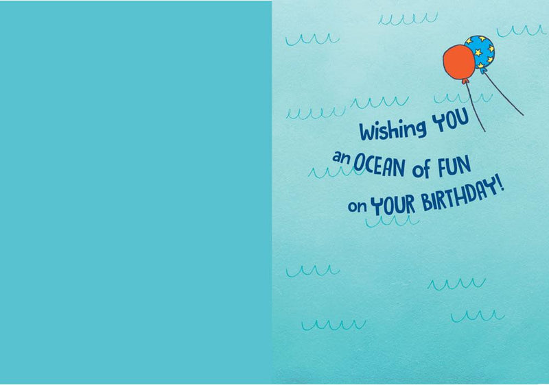 birthday note card featuring the inside spread with balloons and a blue background.