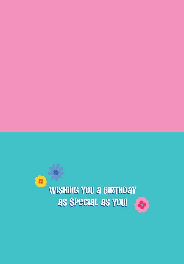 birthday card inside spread featuring birthday sentiment on a pink and teal background.