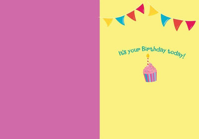 note card featuring inside spread with a birthday greeting and a cupcake on a  yellow and pink background.