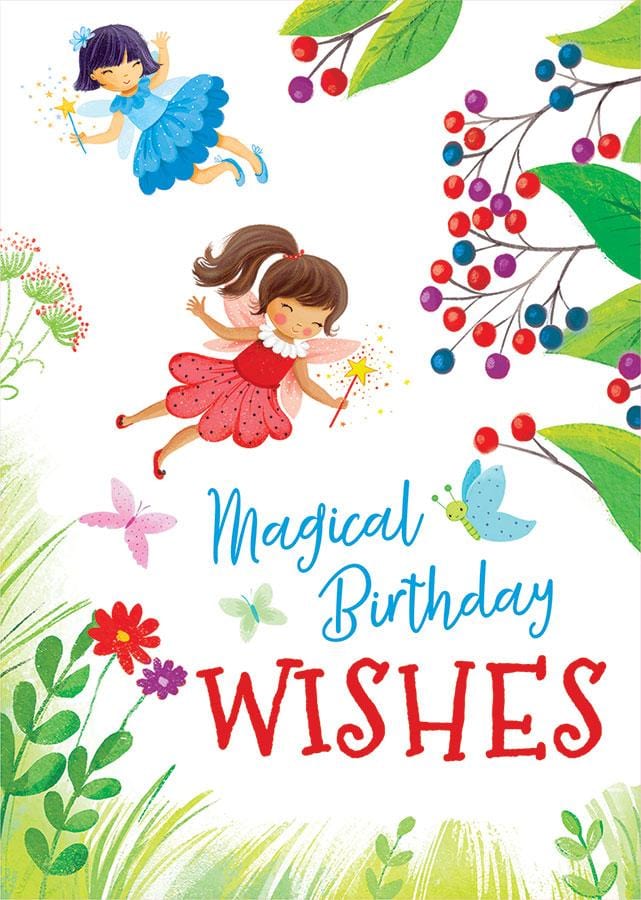 CGL-7011E - Magical Fairies Glitter Card - Whimsical birthday greeting card featuring two fairy characters with colorful wings, flowers, berries, and "Magical Birthday Wishes" text on white background