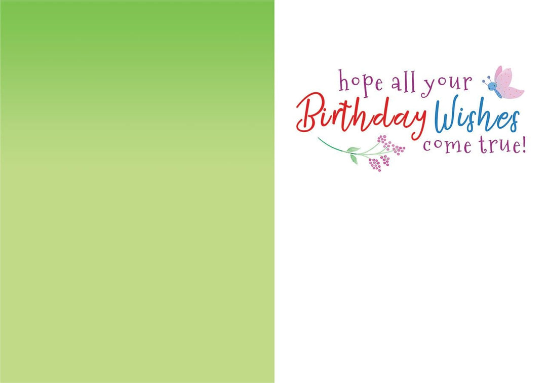CGL-7011E - Magical Fairies Glitter Card - Birthday greeting card with green left panel and white right panel featuring colorful text reading "hope all your Birthday Wishes come true" with butterfly and floral illustrations