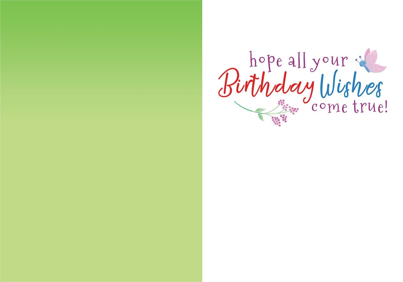 CGL-7011E - Magical Fairies Glitter Card - Birthday greeting card with green left panel and white right panel featuring colorful text reading "hope all your Birthday Wishes come true" with butterfly and floral illustrations