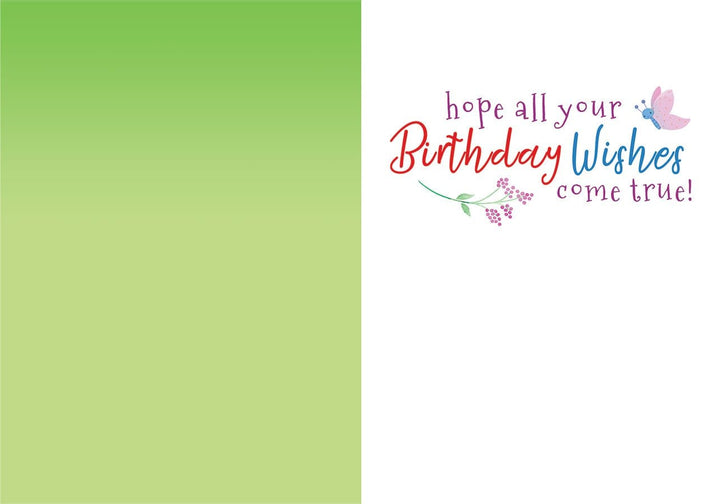 CGL-7011E - Magical Fairies Glitter Card - Birthday greeting card with green left panel and white right panel featuring colorful text reading "hope all your Birthday Wishes come true" with butterfly and floral illustrations