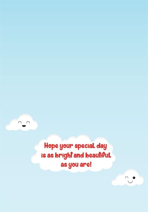inside spread of note card featuring red text and clouds on sky blue background.