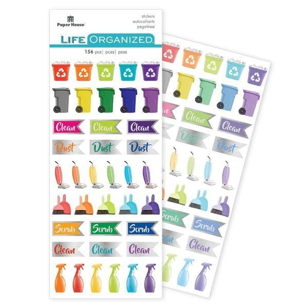 planner stickers featuring colorful cleaning functional stickers in package shown overlapping another sheet on a white background.