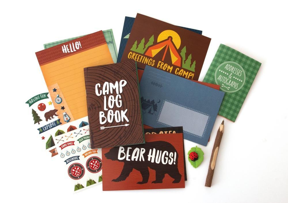 Adventures at Camp kids stationery image shows cards, envelopes and stickers featuring outdoor themed illustrations.