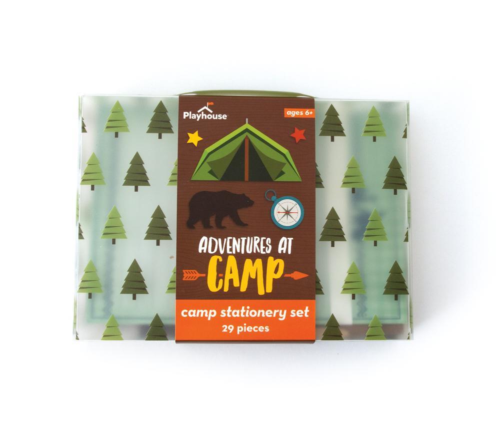 Adventures at Camp kids stationery tote package featuring illustrations of a bear, trees, and an outdoor tent.