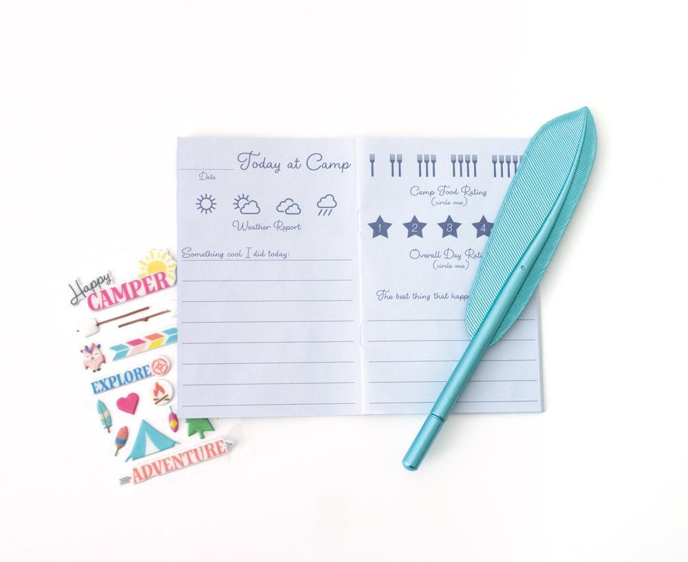 Happy Camper kids stationery image of activity book, sticker sheet and feather pen featuring illustrations of an owl, trees, tent and sun.