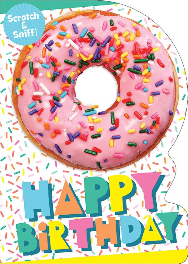 birthday note card featuring a scratch & sniff, photo real pink donut with sprinkles.card
