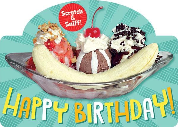 die cut birthday note card featuring a scratch &amp; sniff photographic banana split, shown on white background. 