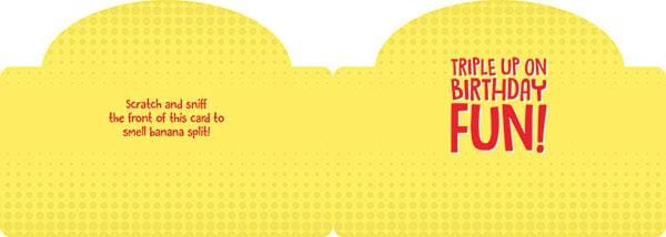 inside spread of a die cut birthday note card featuring a yellow background and red words, shown on white background.