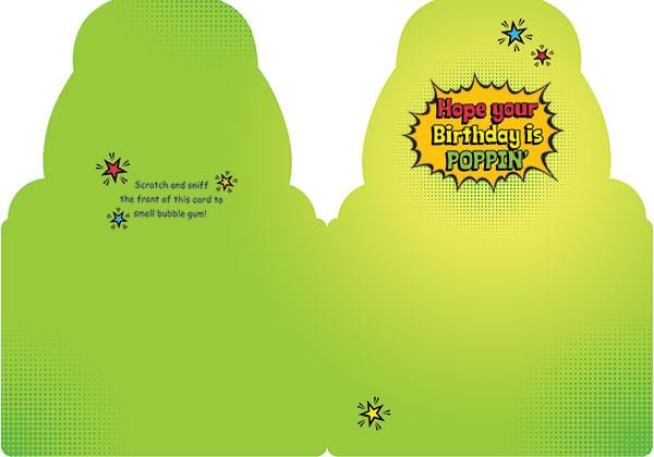 birthday note card featuring the inside spread with colorful lime green background with stars.