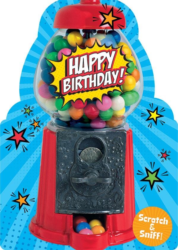 birthday note card featuring a colorful photo real gum ball machine on a colorful blue patterned background with stars, shown on white background.