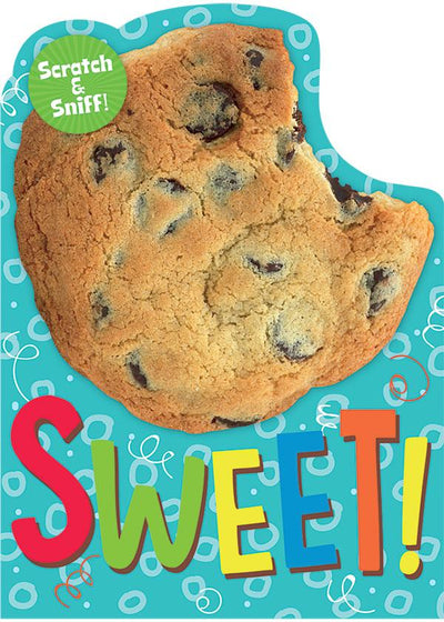 note card featuring a photo real scratch and sniff chocolate chip cookie on a teal background