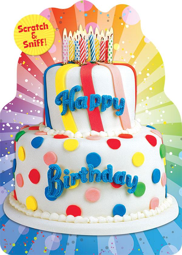 note card featuring a die cut birthday cake with scratch &amp; sniff colorful photo real birthday cake, shown on white background.