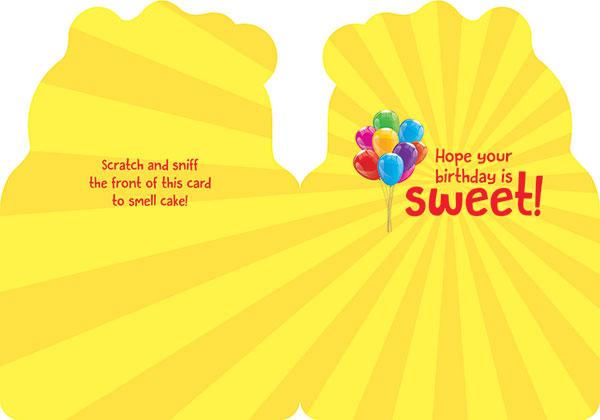 inside spread of note card featuring bright yellow pattern with photo real balloons, shown on white background.