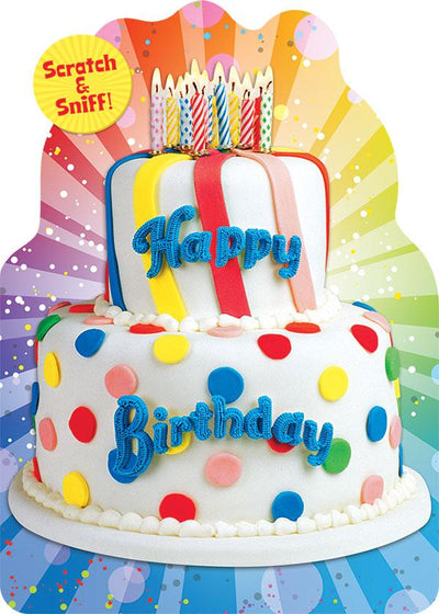 note card featuring a die cut birthday cake with scratch & sniff colorful photo real birthday cake, shown on white background.