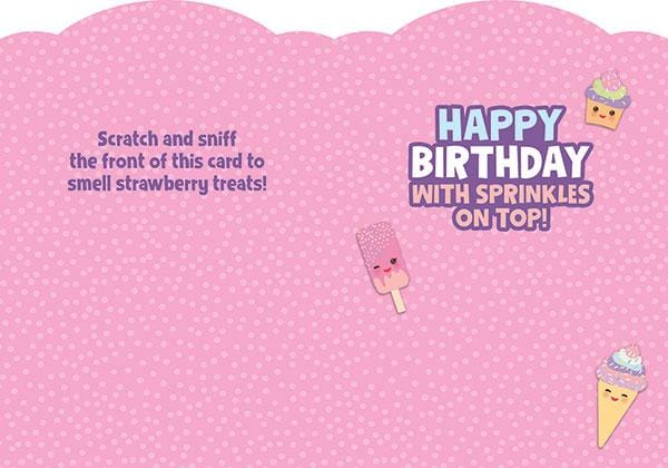 birthday note card featuring inside spread with Kawaii ice cream treats on pink background.