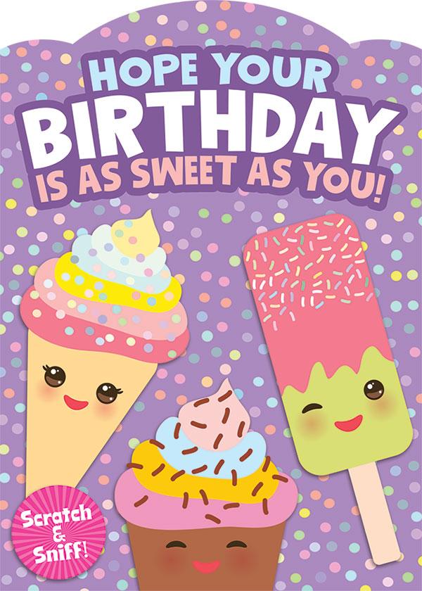 birthday note card featuring Kawaii ice cream with scratch &amp; sniff.