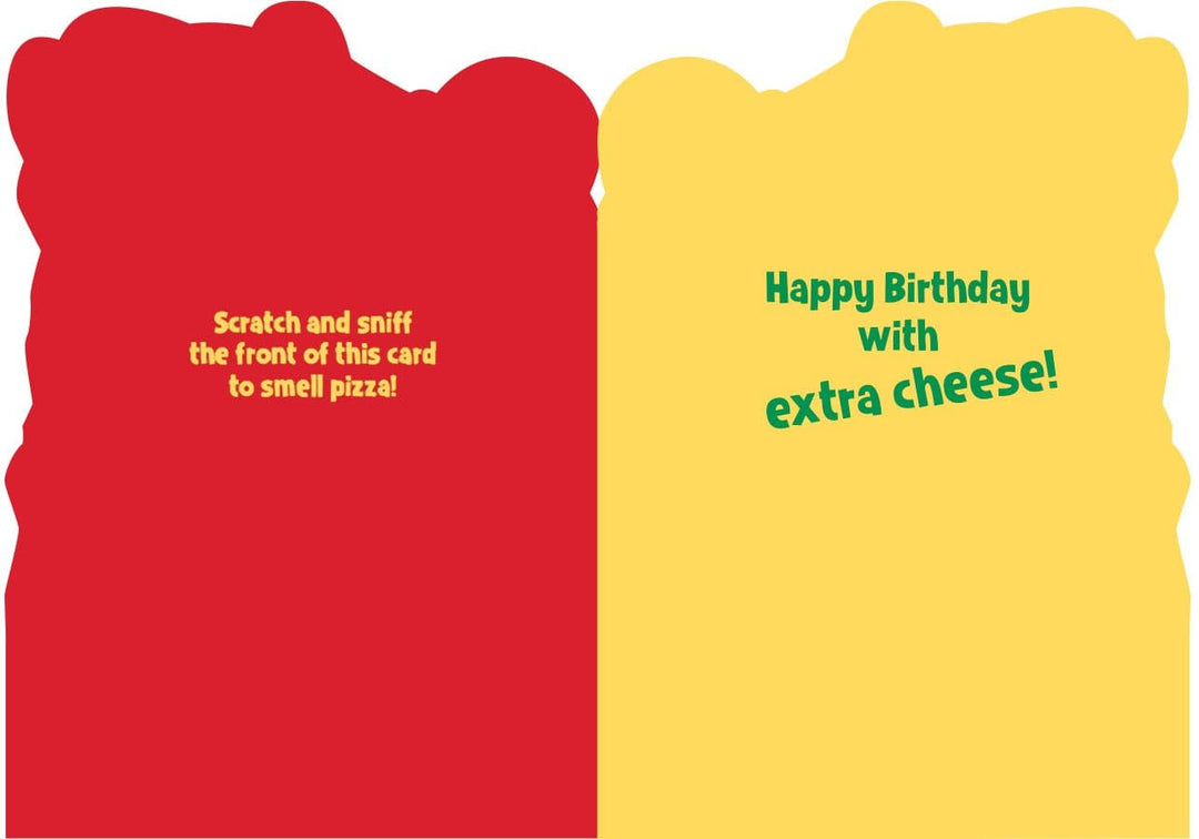 scratch &amp; sniff note card featuring inside spread with greeting on yellow and red background.
