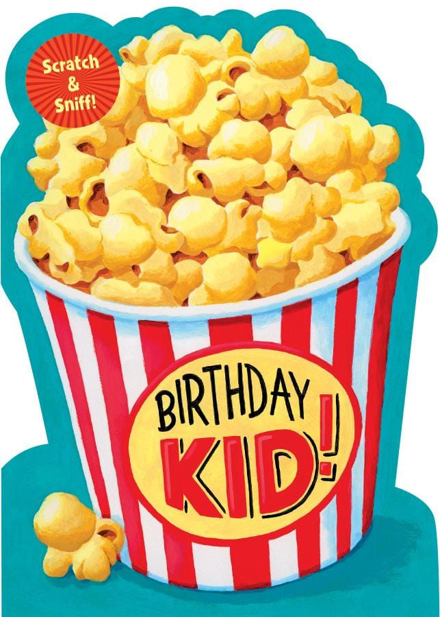 birthday note card featuring a scratch &amp; sniff illustration of a bucket of popcorn on a teal background.