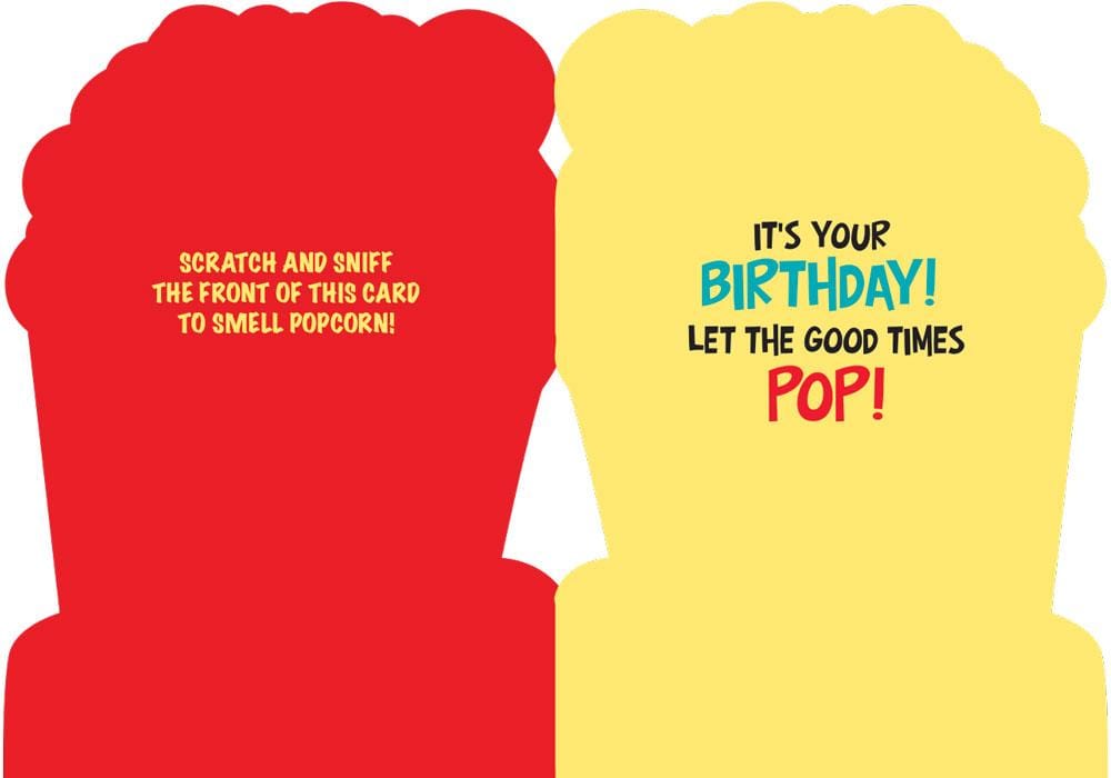 note card featuring the inside spread with a birthday greeting on a yellow and red background.