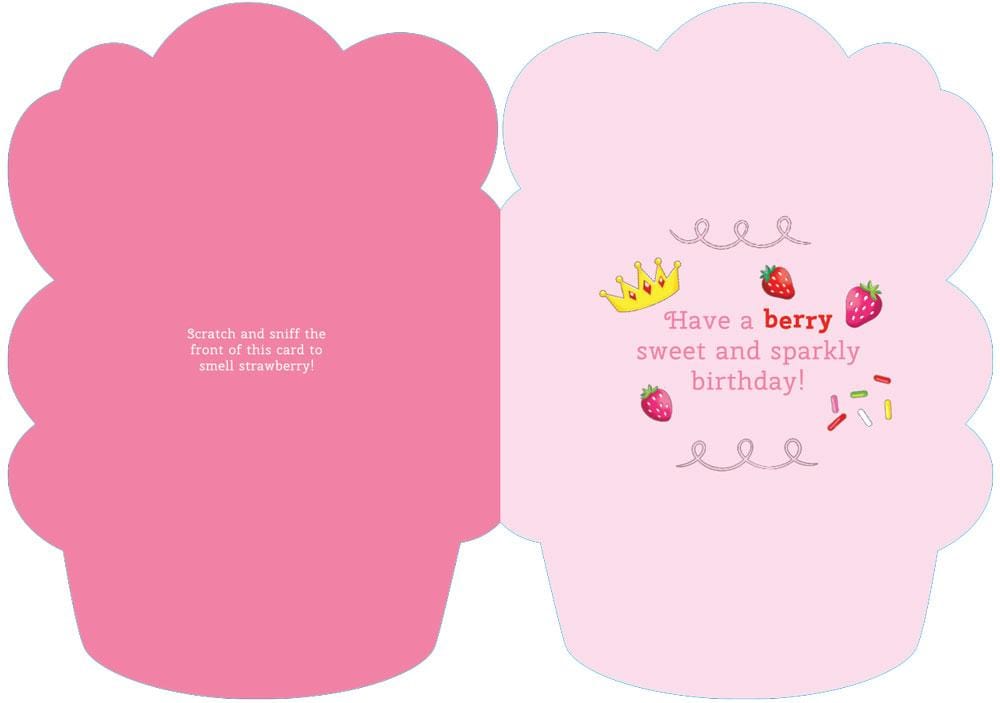 die cut note card featuring the inside spread with birthday greeting and illustrated strawberries on pink background, shown on white background.
