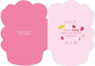 die cut note card featuring the inside spread with birthday greeting and illustrated strawberries on pink background, shown on white background.