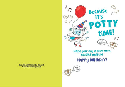 note card featuring the inside spread with an illustrated potty with a birthday greeting.