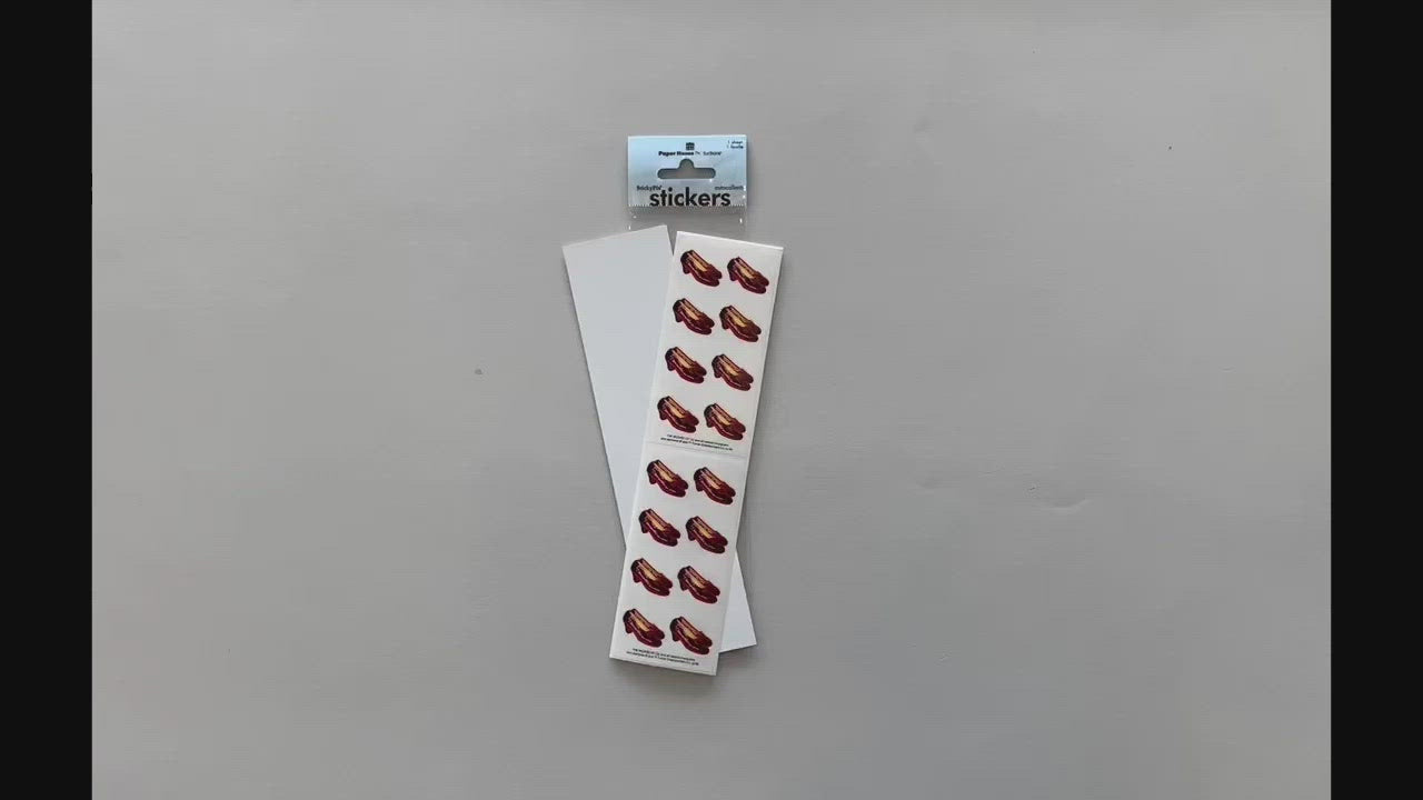 Female hands pick up and show in detail stickers featuring the Wizard of Oz Ruby Slippers.