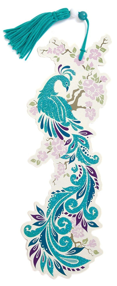 bookmark featuring an illustrated, die cut peacock in teal glitter with a teal tassel, shown on a white background.