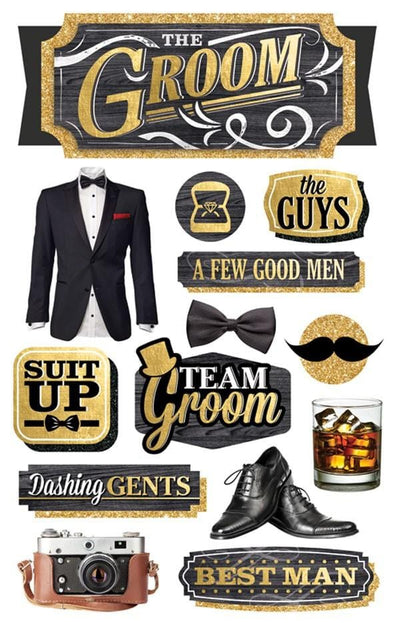 3D scrapbook stickers featuring a tuxedo, black shoes, a bow tie and black and gold details on a white background.