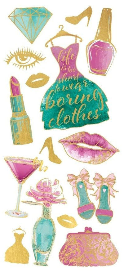 foil stickers featuring illustrations of nail polish, lipstick, heels, and lips with gold foil accents, shown on white background.