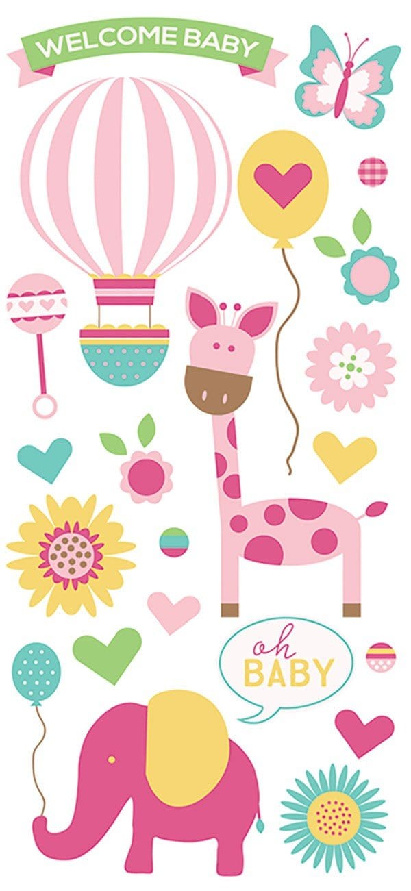 puffy stickers featuring illustrated pink giraffe, elephants, flowers and baby rattle.