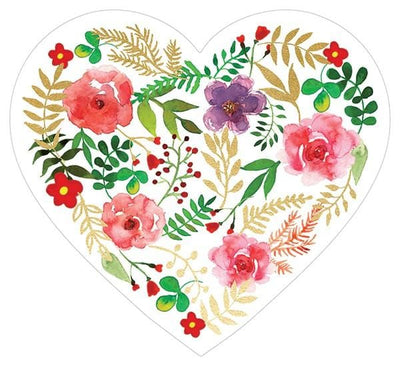 die cut note card featuring floral illustrations in a heart shape with gold details, shown on a white background.
